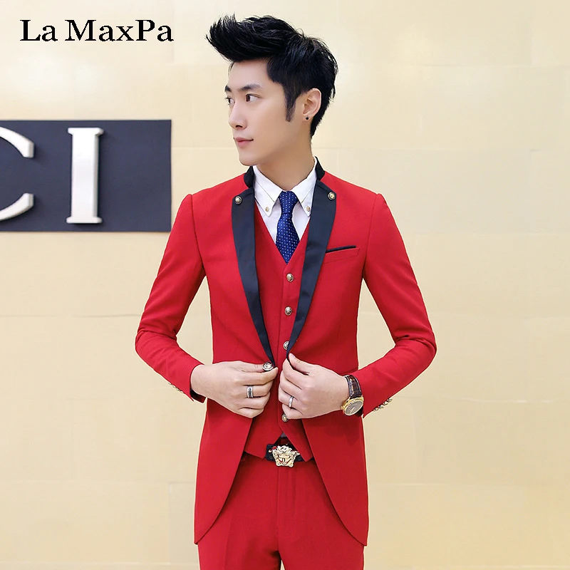 La MaxPa (jacket+pants+vest) Brand men suit male casual slim red black