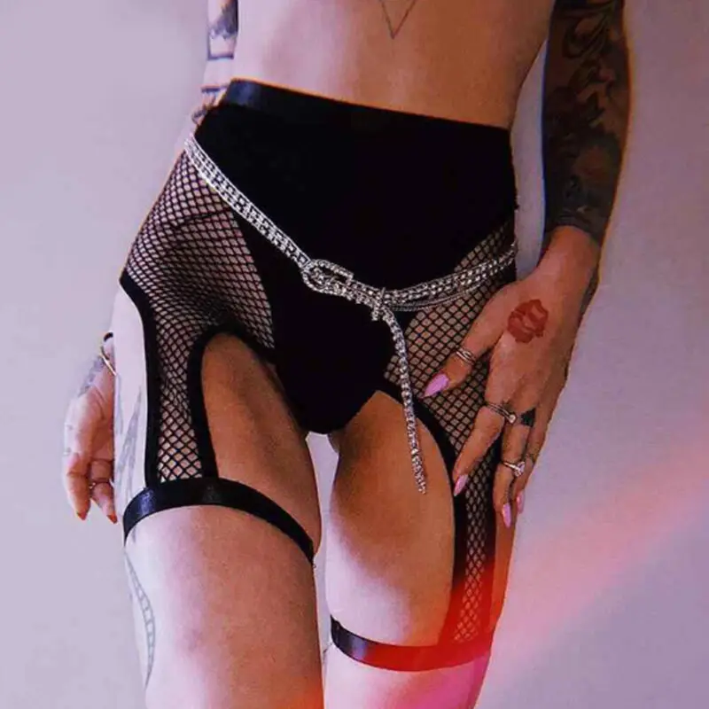 

Women Sexy Mesh Patchwork Shorts Hollow Suspender Garter Belt Holder Dance Shorts Black