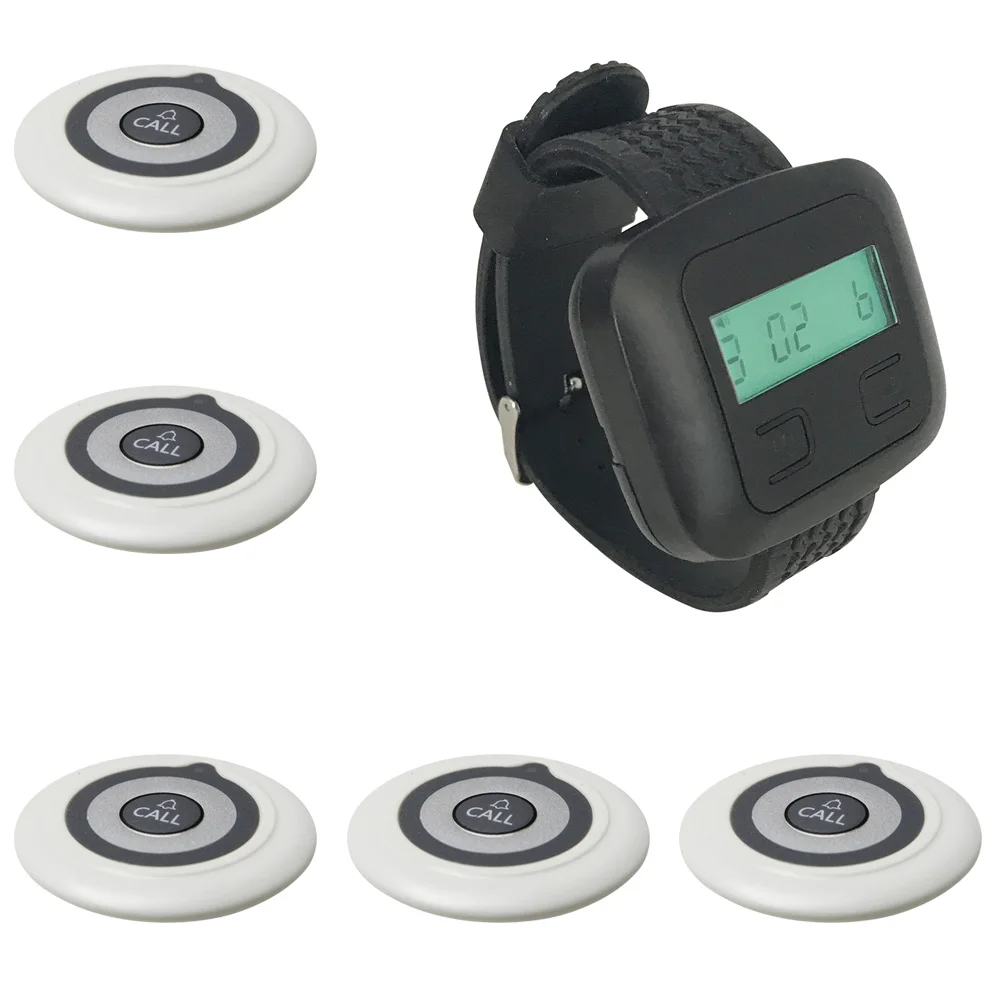 JINGLE BELLS 433MHz wireless calling system with long distance 5 call button+1 watch pager receiver restaurant|watch pager|pager systempager |