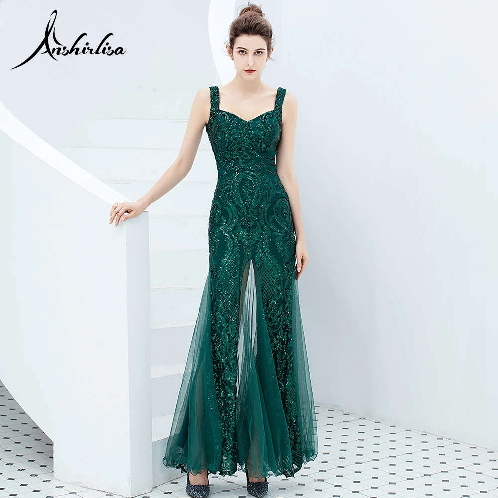 

Anshirlisa Women Sequin Lace High Slit Sexy Evening Dress Long Illusion Elegant Formal Luxury Prom Party Gown Emerald Green 2019