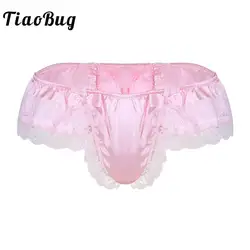 TiaoBug для мужчин блестящие мягкие атласные Сисси Трусики для женщин белье Цветочный кружево с большим бантом низкая талия стринги