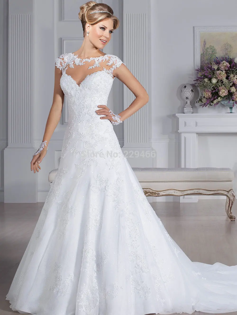 Cap рукавом see through Vestidos Де Novia 2016 Иллюзия Декольте Спинки Свадебные Платья 2017 Vestido