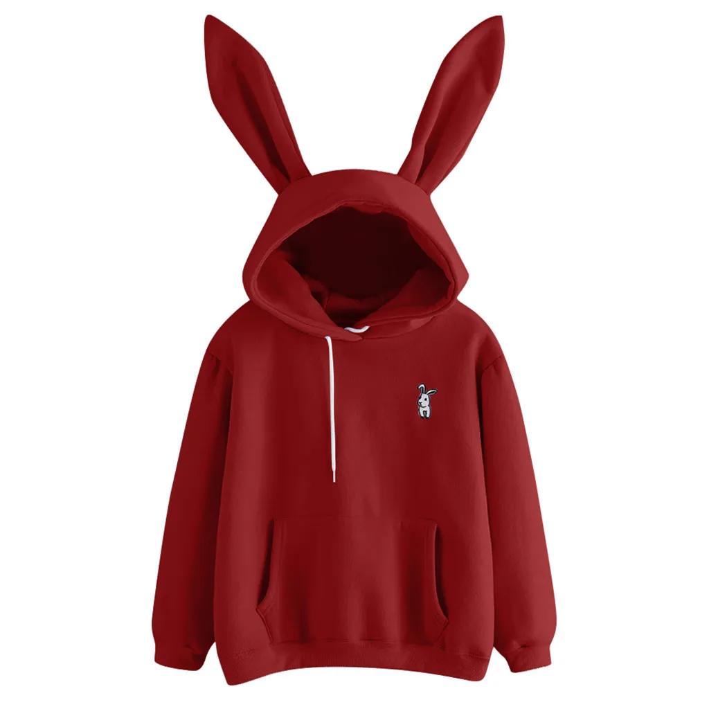 Hoodies Women Long Sleeve Soild Thick Winter Sweatshirt Yellow Pullover Tops Blouse Cute Rabbit Ears Pink Hoody Black Clothes#D - Цвет: Бургундия