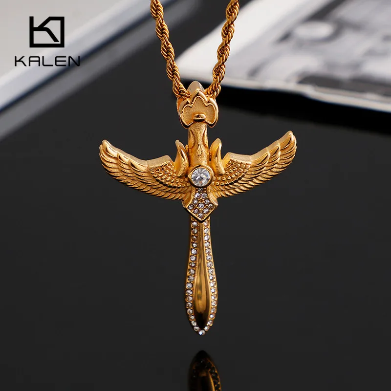 

KALEN Stainless Steel Gold Cross With Wings Pendant Necklace For Men Women Fashion Silver Zircon Chain Necklace Jewelry