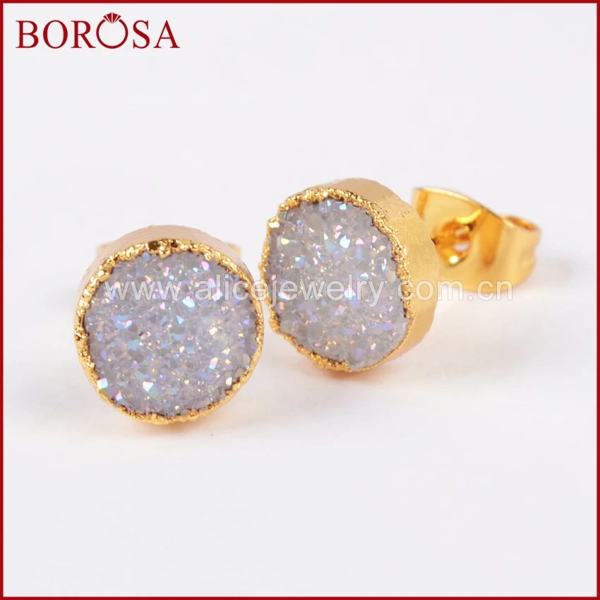 

BOROSA 1Pair 8mm Gold Color Round Natural Stone Titanium AB Druzy Geode Stud Earrings New Drusy Earring Jewelry for Women G0680