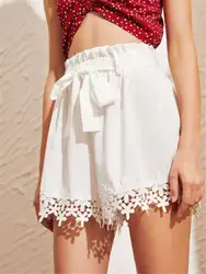 2019 женские милые кружевные цветочные бандажные Белые Шорты повседневные пляжные мини-шорты Одежда с высокой талией сложенные короткие