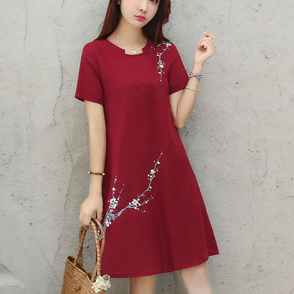 

JAYCOSIN Women dress girl Loose Korean cute Dress Print Plum blossom O Neck Short Sleeve Cotton Linen Casual Dress vestidos 422