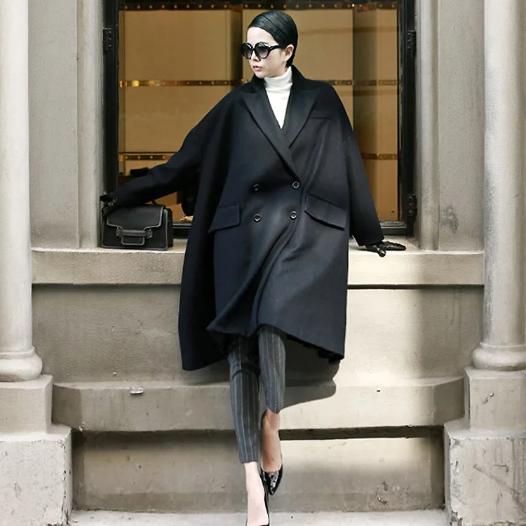 LANMREM осень и зима новое повседневное модное темпераментное женское свободное одноцветное двубортное шерстяное пальто TC320 - Цвет: black