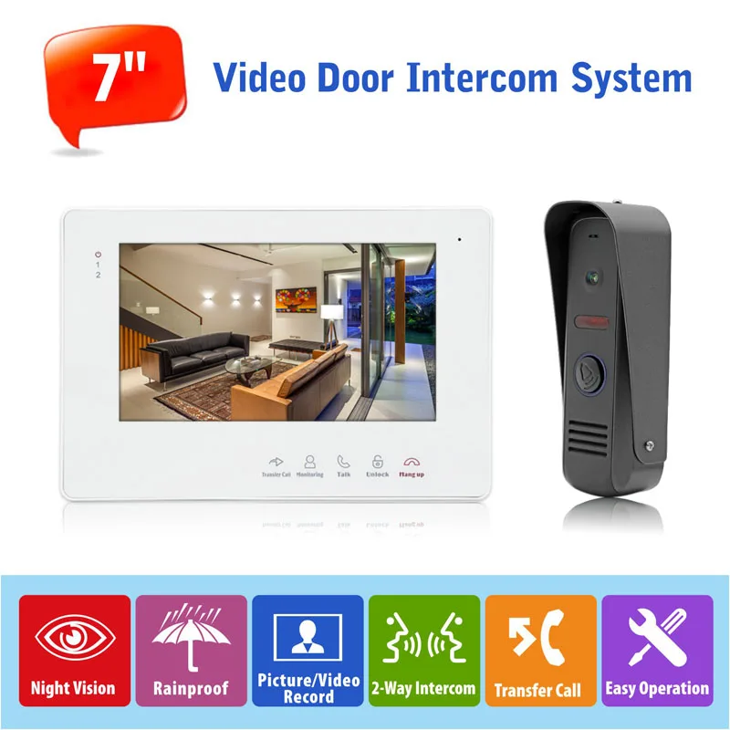 

7" Two Way Door Phone Home Intercom Hands Free Video Doorbell Monitor Intercom System with 1 Camera 800TVL Outdoor Waterproof