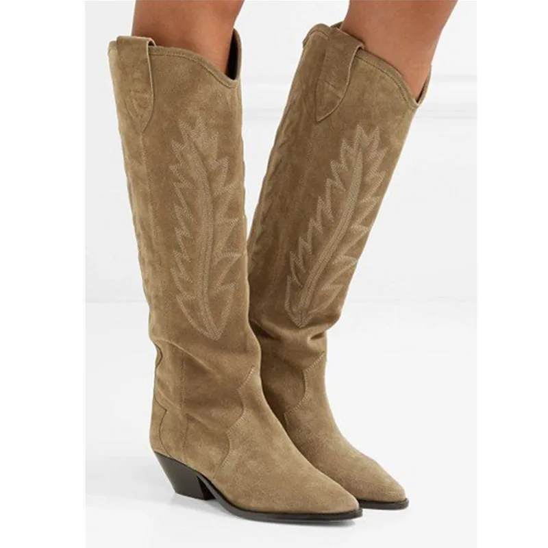 

Fall Winter Boots Women 2019 New Embroidered Suede Knee Boots Thick High Heels Women Shoes Genuine Leather Pointed Toe