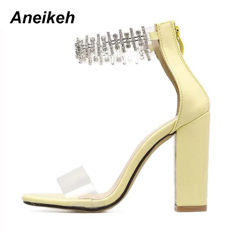 Aneikeh 2018 Women Rhinestone Crystal Block Heels Sandals Pumps Zipper Chunky Sandals Thick Heel Woman Summer Sexy Shoe