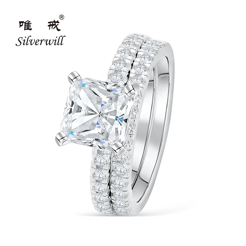 

Silverwill silver Princess cut wedding ring set sparkling big moissanit gem ring for women fine jewelry rings for lover mujer