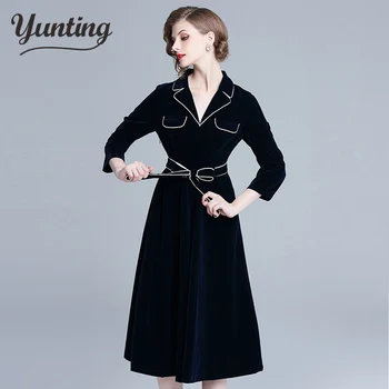 

Blue Velour Autumn Winter 2018 Long Sleeve Long A-line Work Office Dress Women Dress