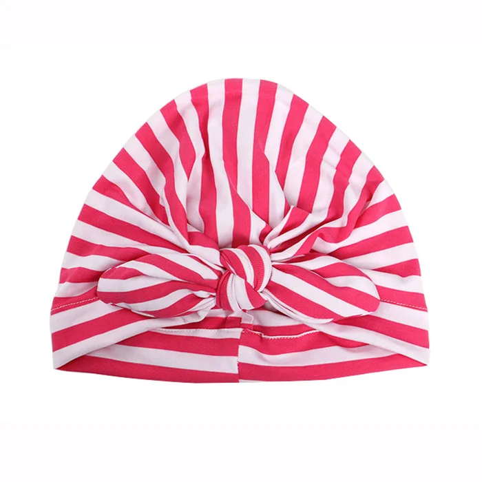 Модная полосатая детская шапка с бантом, многоцветная эластичная детская шапочка, пляжный тюрбан, шапка, аксессуары - Цвет: Fushia