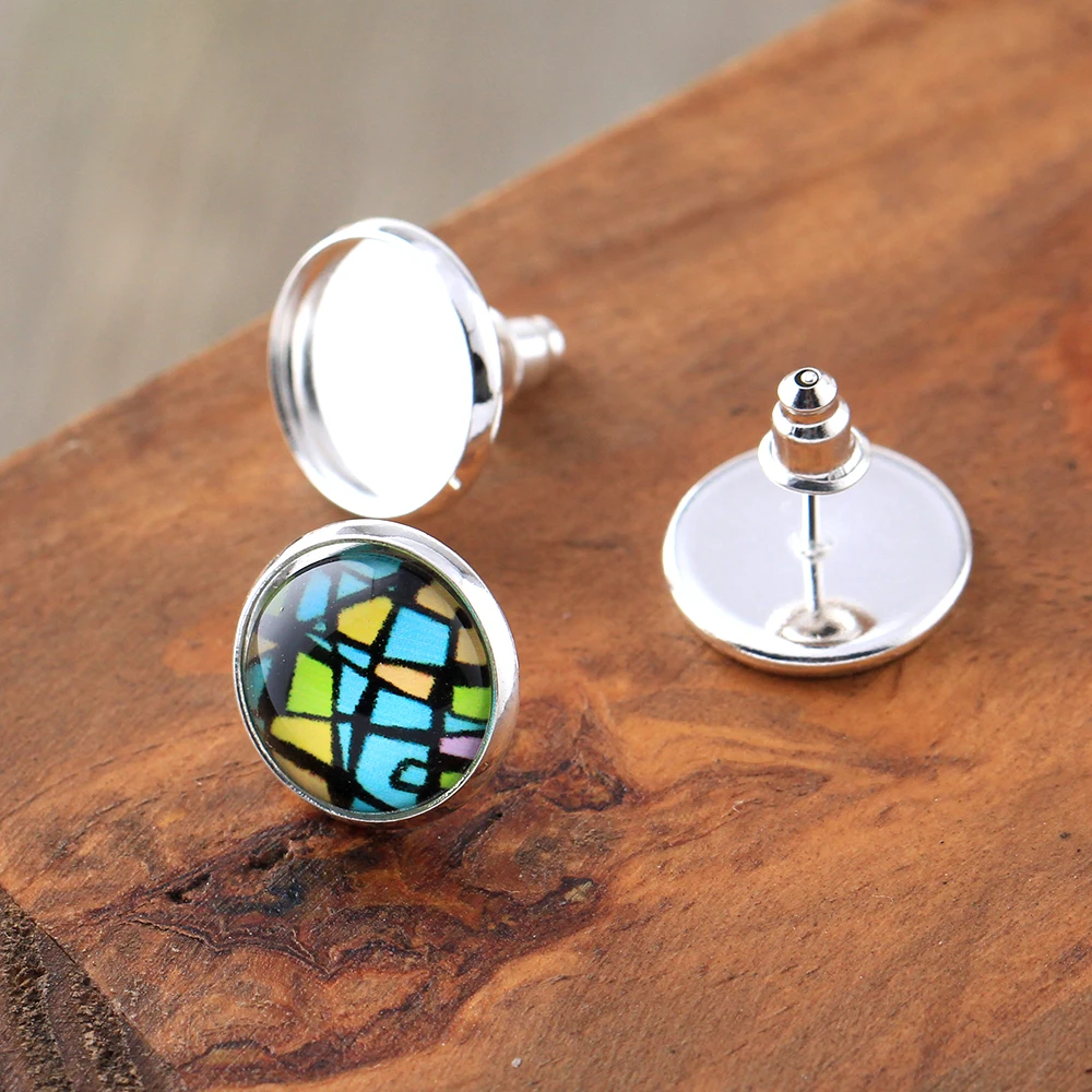 30pcs 12mm Brass Copper Silver Plated Ear Studs Earring Base Setting