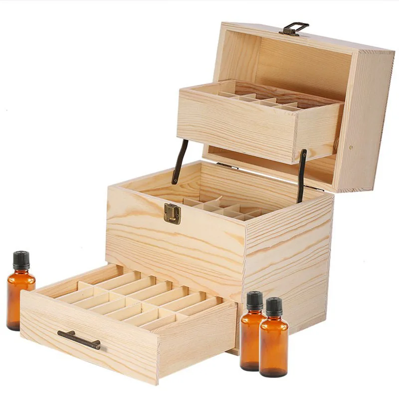 

3 Layers Wooden Storage Box Carry Organizer Storage Box Essential Oil Bottles Aromatherapy Container Metal Lock Jewelry Treasure