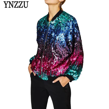 

YNZZU Sequins Hit Color Chic Bomber Jacket Women 2018 Autumn Casual Zipper Up Pilot Jacket Loose Outwears High Quality YO588