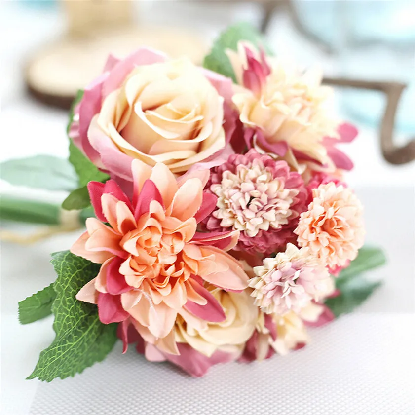 Нулевой искусственные шелковые искусственные цветы Лист Розы Цветочный Свадебный букет вечерние украшения для дома 170222