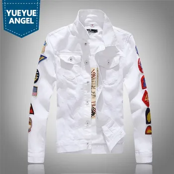 

Korean Fashion White Campera Hombre Streetwear Casual Single Breasted Equlet Pattern Jacket Slim Badge Turn-Down Collar Coat Man