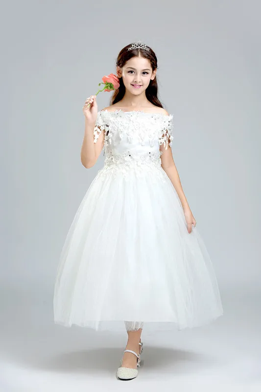 Glizt Putih Renda Appliques Bunga Gadis Gaun Shoulderless Party Anak Princess Wedding Dress