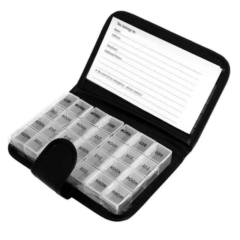 Портативный 28grids Pill Box Tablet 7 день Еженедельный медицинский дозатор таблетки держатель Организатор Контейнер для таблеток с ПУ мешок