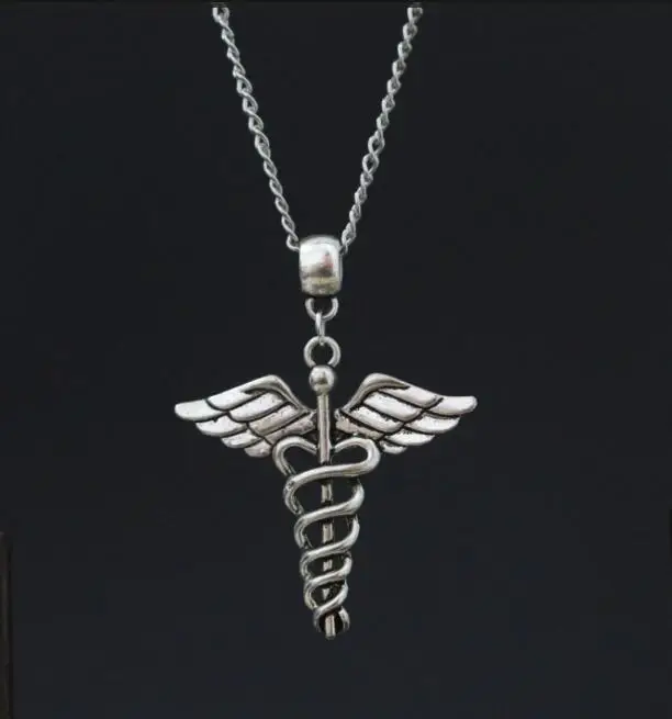 

Alloy Vintage Ancient Silver Caduceus Symbol Of Medicine Cross Charms Pendant 24" Chain Necklace ~ Gift