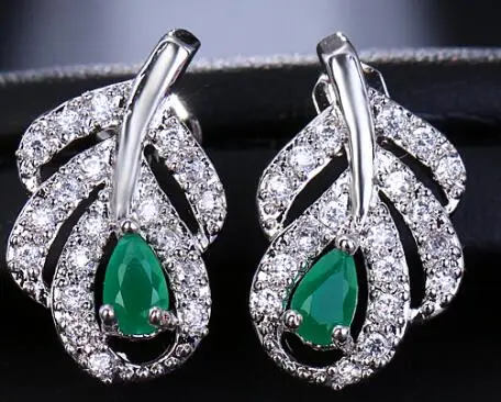 EMMAYA Модные женские серьги-гвоздики в форме листа с кристаллами из металла и серебра с цирконием, серьги-гвоздики, ювелирные изделия, подарок - Окраска металла: green