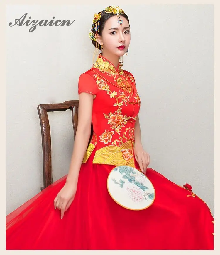 Красный Вышивка Qipao для женщин традиционные китайские свадебные Cheongsam Феникс платье принцессы со шлейфом Винтаж Восточный стиль платья для