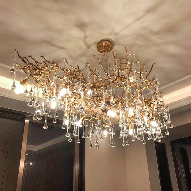 

French Water Drop Pendant Lights Retro LOFT Tree Art Copper Branch Hanglamp Designer Postmodern Model Room Serip Pendant Lamps