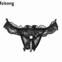 Feitong Sexy Lingerie Lace Open Crotch font b Underwear b font Pearl Sexy Thong Chain Thong