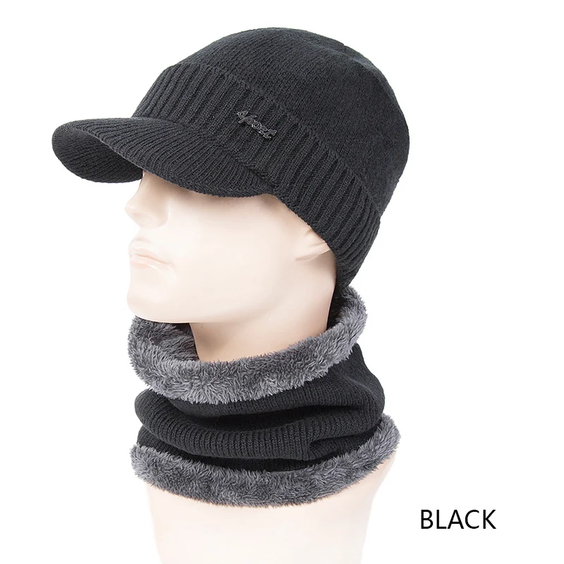 SuperB& G, брендовая дизайнерская зимняя шапка, шарф, 2 комплекта для мужчин, вязаные шапки, шарфы, 2 шт., мужские теплые шапочки, кольцо, шарф, толстая шапка - Цвет: Black
