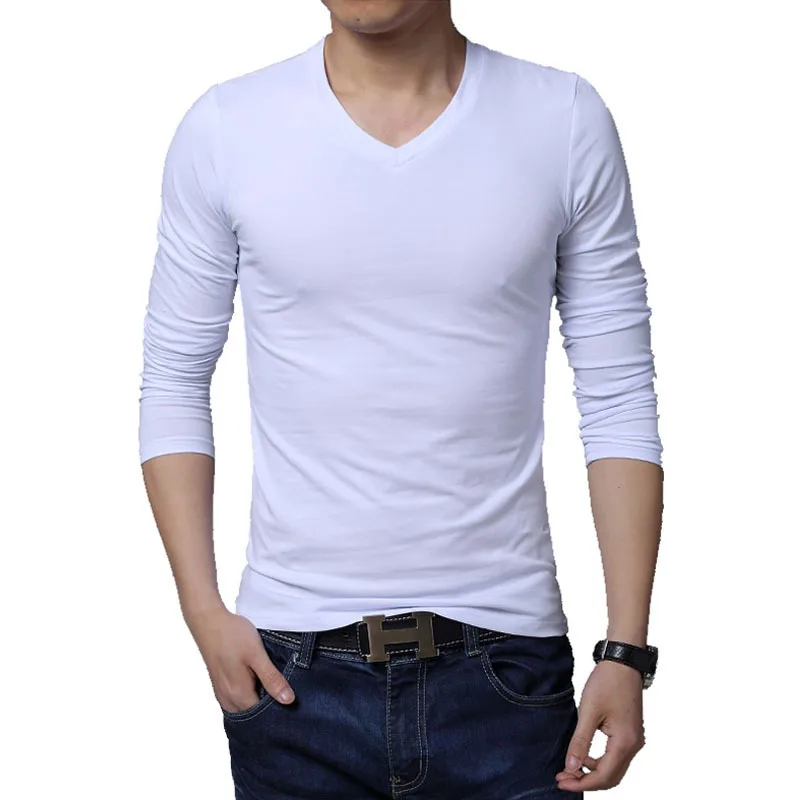 Newest design fashion long sleeve v neck solid men t shirt plus size M ...