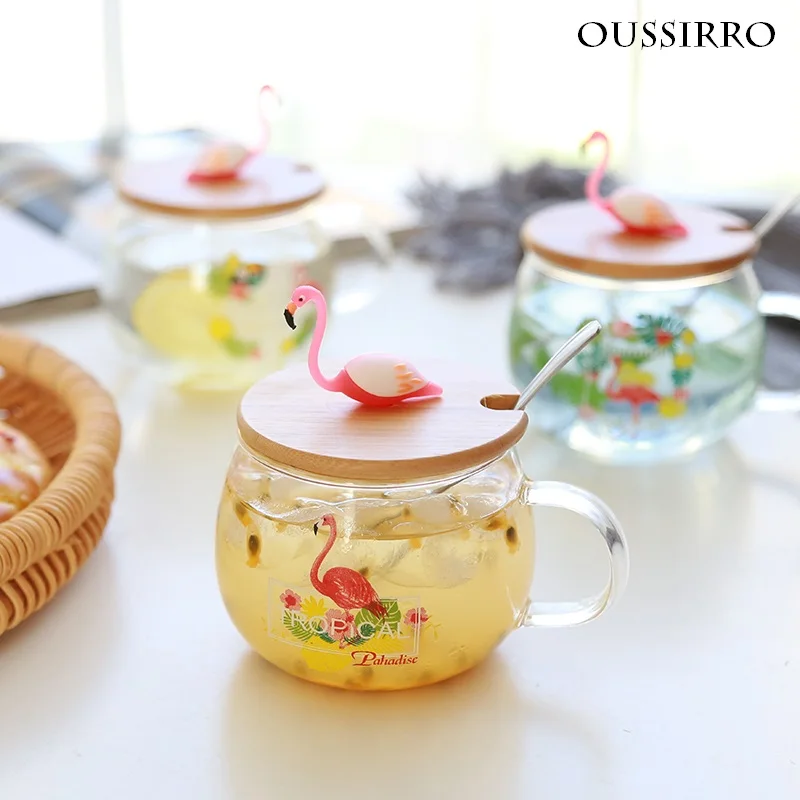 

400ml Cute Pink Flamingo Glass Coffee Mug with Lid and Spoon Coffee Milk Tea Water Cups Creative Gifts