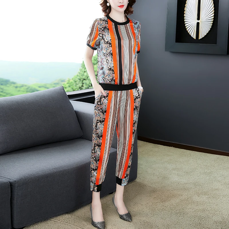 

Beautiful Women Clothing Sets with Pant and Top Suits Silk Striped Plus Size Two Pieces Outfit Co-ord Set 2019 Summer 2PCS