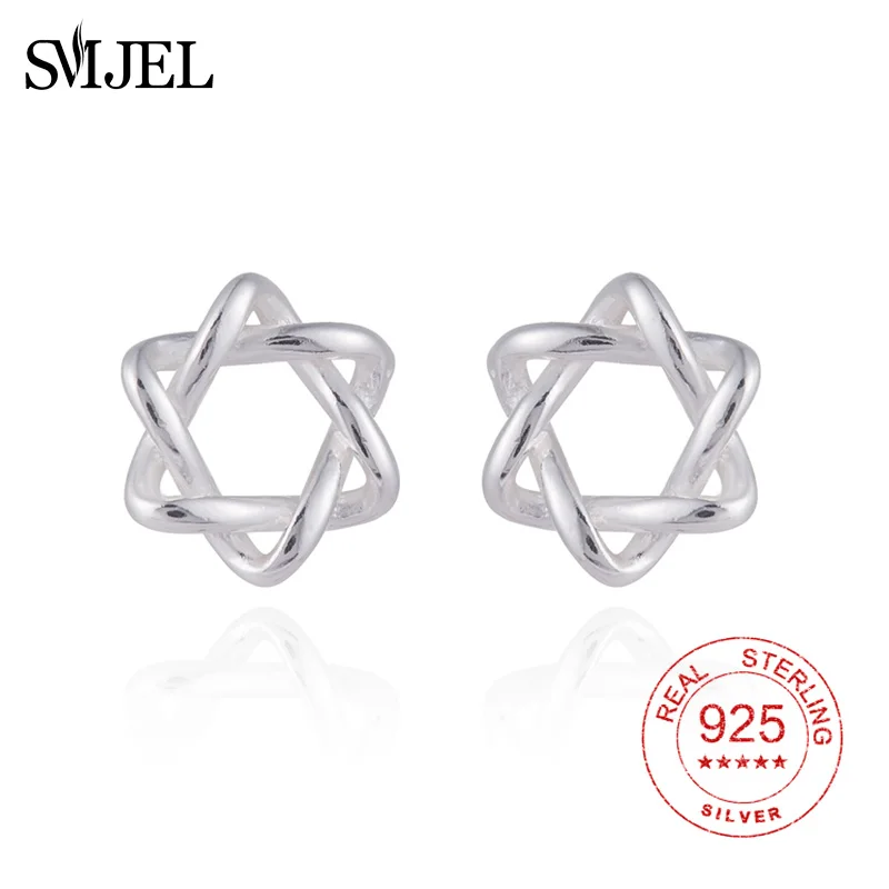 

SMJEL 925 Sterling Silver David Star Stud Earrings Knot Stars Tiny pendientes For Women Girl Homme Bijoux Piercing Ear Jewelry