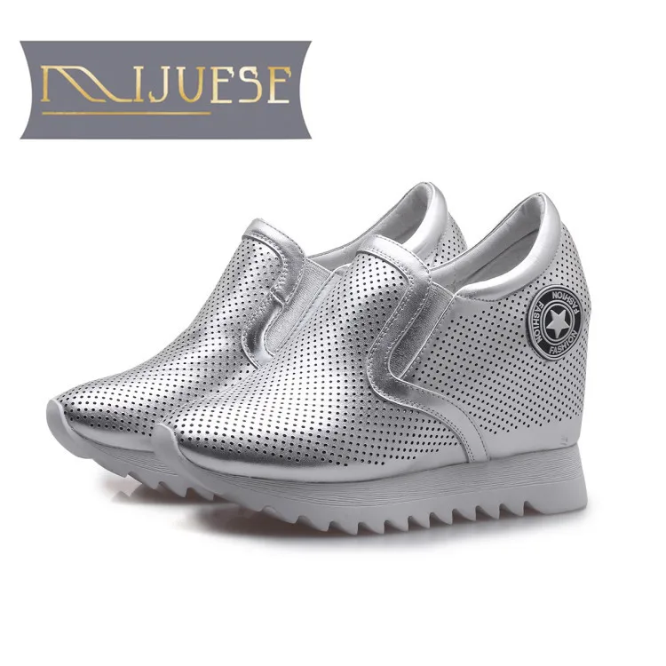 MLJUESE 2018 women pumps Genuine leather  increased Internal  silver color high heels  platform wedges pumps  breathable  shoes 