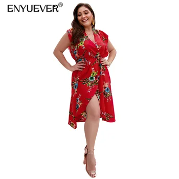 

Enyuever Plus Size Boho Dress Bohemian Women Summer 2019 Slit V Neck Floral Print Ruffle Casual Holiday Dress Beach Jurk Vestido
