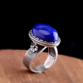 

2019 Authentic 925 Sterling Adjustable Silver Ring Natural Afghan Lapis Lazuli Rings Silver Elegant Fine Jewelry for Women Gift