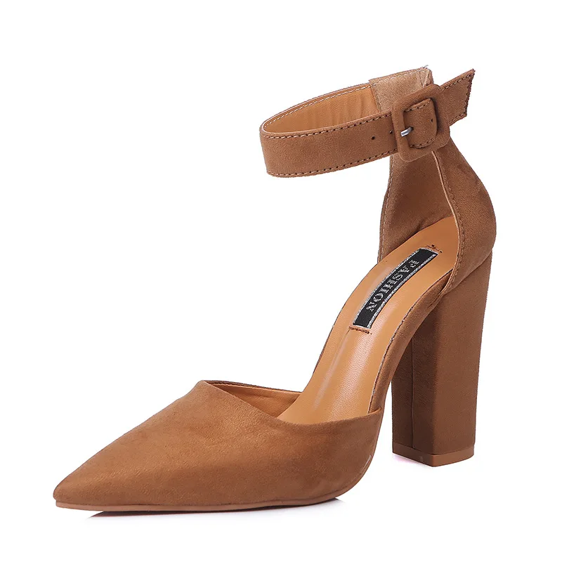 EOEODOIT Women Autumn Spring Summer Pumps New Fashion Chunky High Heel Pumps Pointed Toe Ankle Buckle OL Office Shoes Plus Size