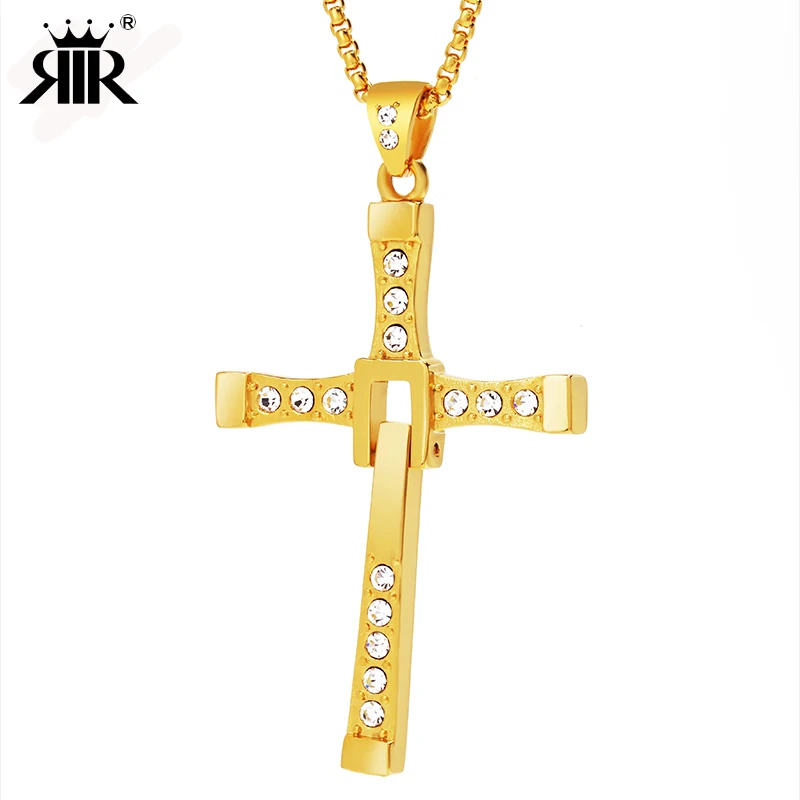 RIR Silver a Gold Rychlý a zuřivý kříž náhrdelník s přívěskem Film Vin Diesel Cross přívěsek náhrdelník s 24 řetězci  t
