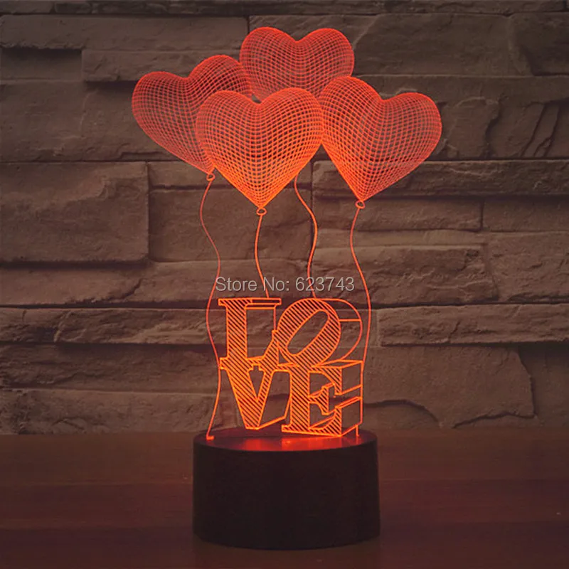 

Free Shipping 7 Color changing LOVE HEART 3D acrylic LED Night Light with USB Balloon table Lamp of lamparas 3d leds