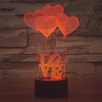 

Free Shipping 7 Color changing LOVE HEART 3D acrylic LED Night Light with USB Balloon table Lamp of lamparas 3d leds