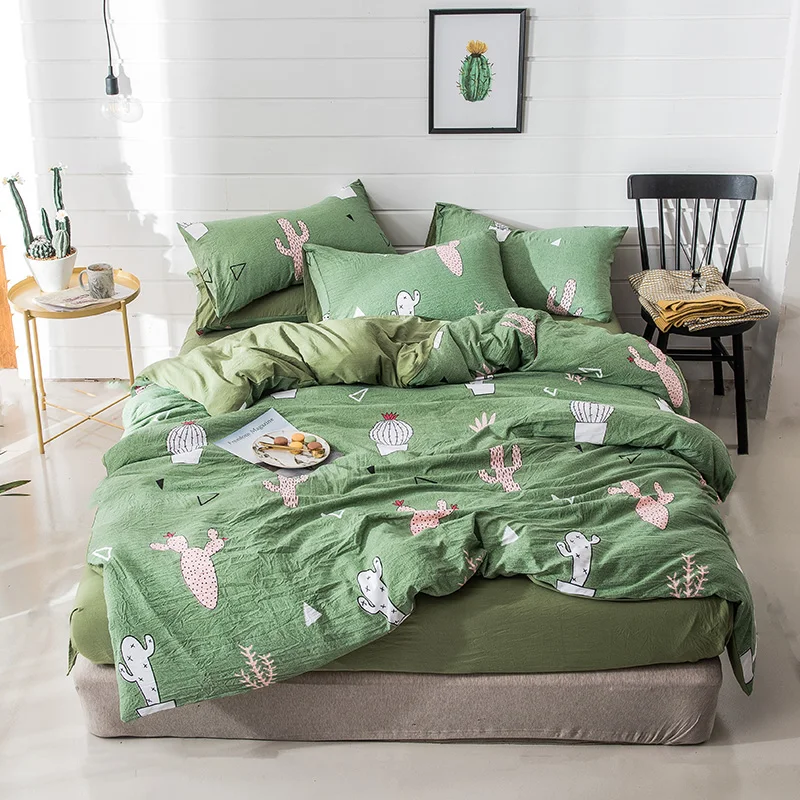 

Home Textile Fashion cactus comfortable breathable Muji washed cotton Quilt cover Sheet pillowcase green twin king bedclothes