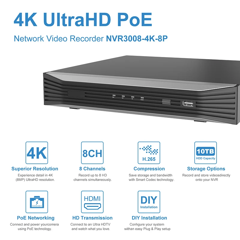 

UniLook 4K Resolution 8CH POE NVR NVR3008-4K-8P 8 Channel Plug&Play Network Video Recorder H.265 8 POE Ports 1-ch HDMI Up to 8MP