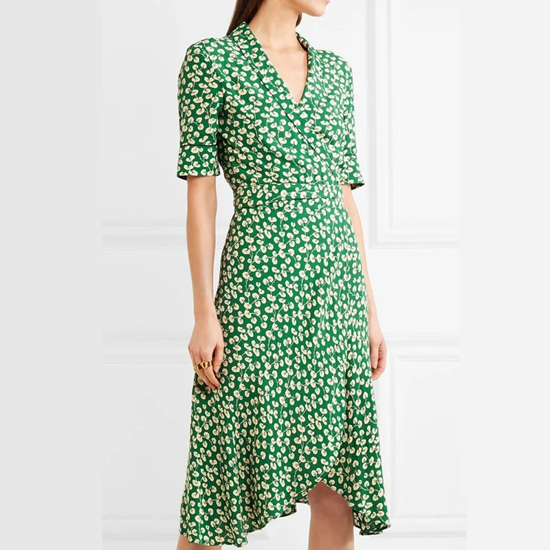 

New Summer Bohemian Beach Flower Print Self Belted Wrap Dress Brand Women Sexy V Neck Short Sleeve Green Chiffon Dress