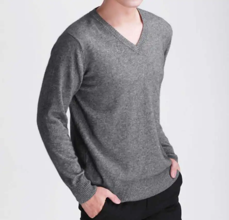 Мужской кашемировый свитер с v-образным вырезом, пуловер, свободный свитер, мужской осенний и зимний базовый свитер, Однотонный свитер - Цвет: dark gray