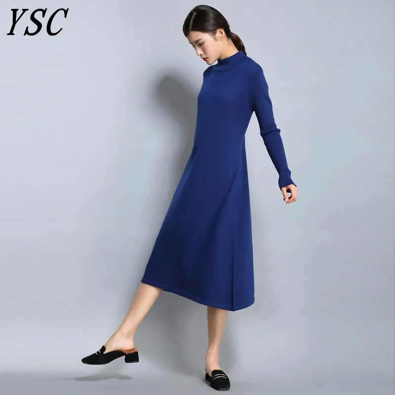 

YUNSHUCLOSET spring Women's Knitted Cashmere Wool Dress Half High collar Long style Solid color Dress Free Shipping