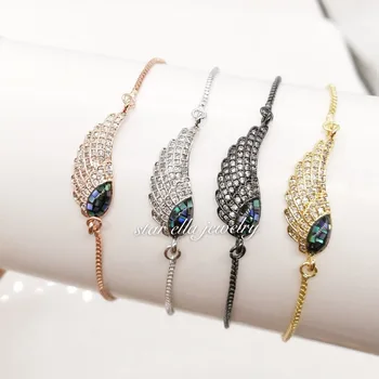 

10pcs/lot 4Colors Micro Pave Cubic Zirconia Black Abalone Small Angel Wing Link Chain Adjustable Bracelets Pulsera Jewelry