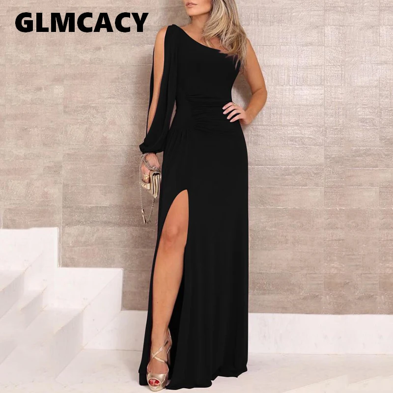 

Women High Slit One Shoulder Maxi Dress Sexy Sleeveless Sheath Bodycon Dresses Club Party Dress Elegant Ladies Black Vestidos