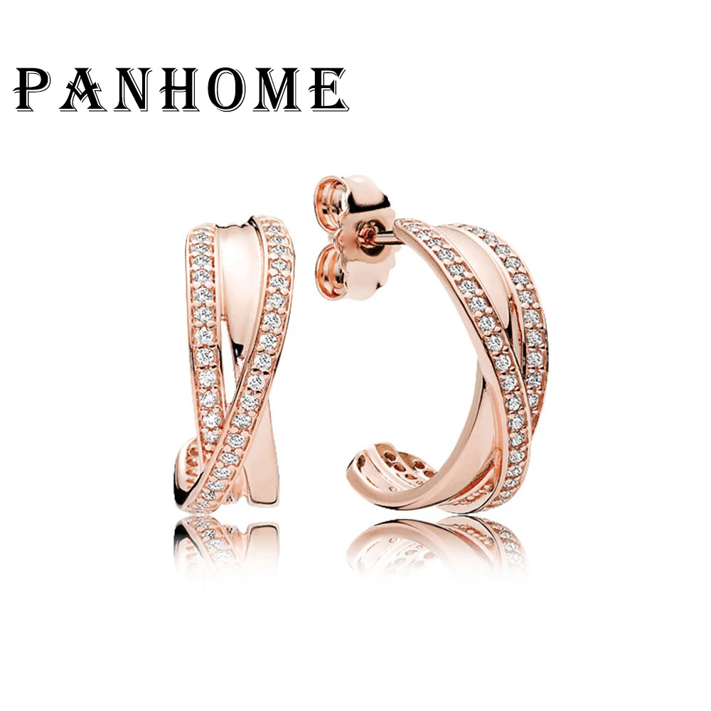 

PANHOME 100% Sterling silver 1:1 Glamour 280730CZ ROSE ENTWINED EARRING HOOPS Original Women wedding Fashion Jewelry 2018